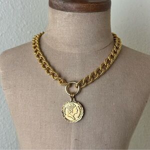 Upcycled Gold Tone Link Necklace with Queen Medallion Pendant
